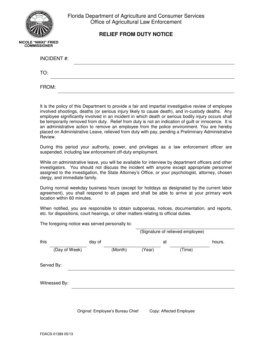 Form FDACS-01389 Relief From Duty Notice - Florida, Page 1