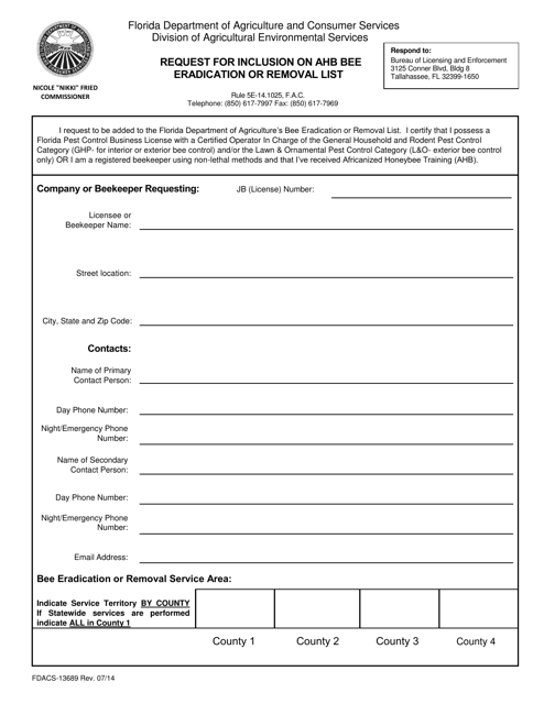 Form FDACS-13689  Printable Pdf