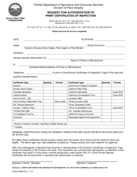 Document preview: Form FDACS-08086 Request for Authorization to Print Certificates of Inspection - Florida