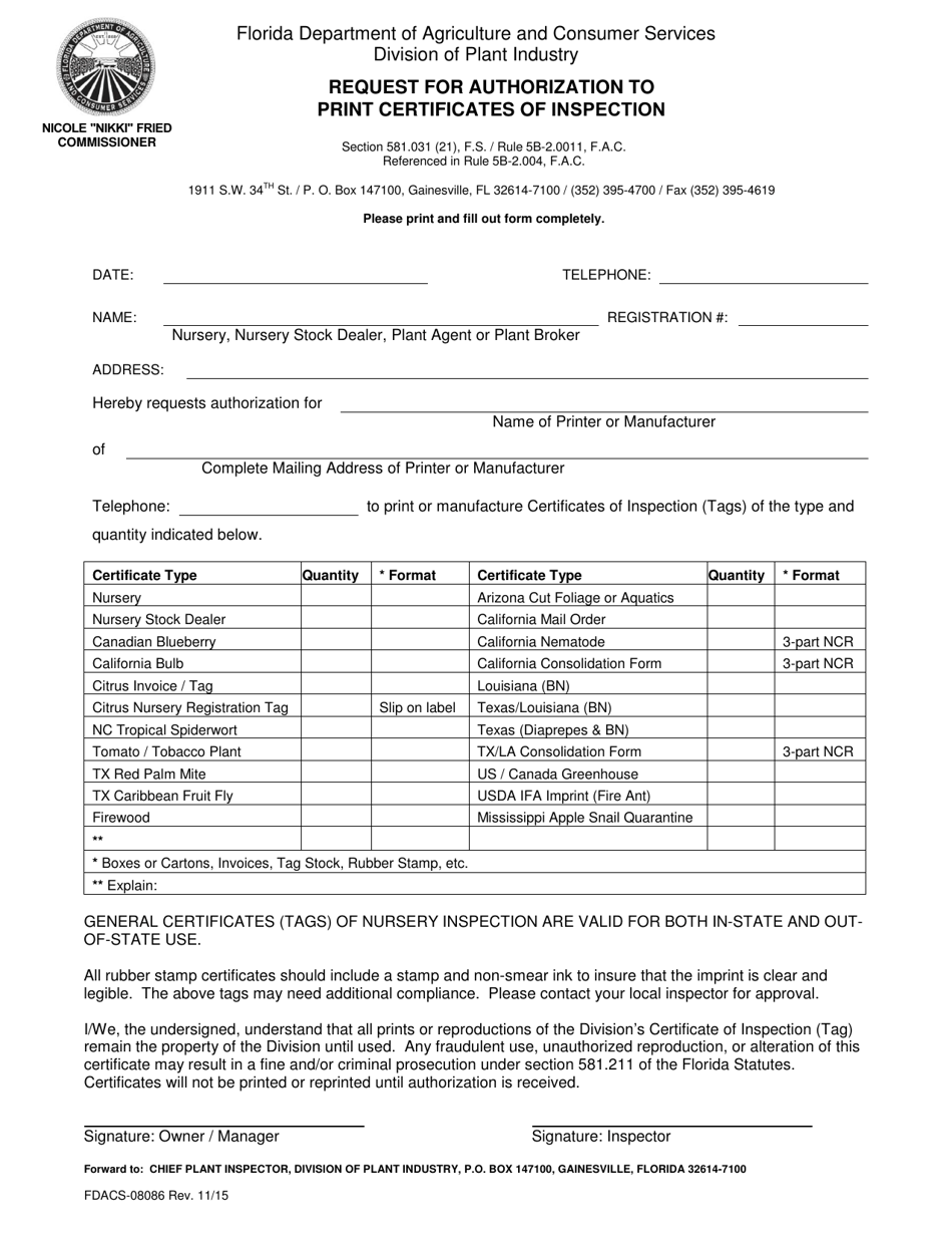 Form FDACS-08086 Request for Authorization to Print Certificates of Inspection - Florida, Page 1