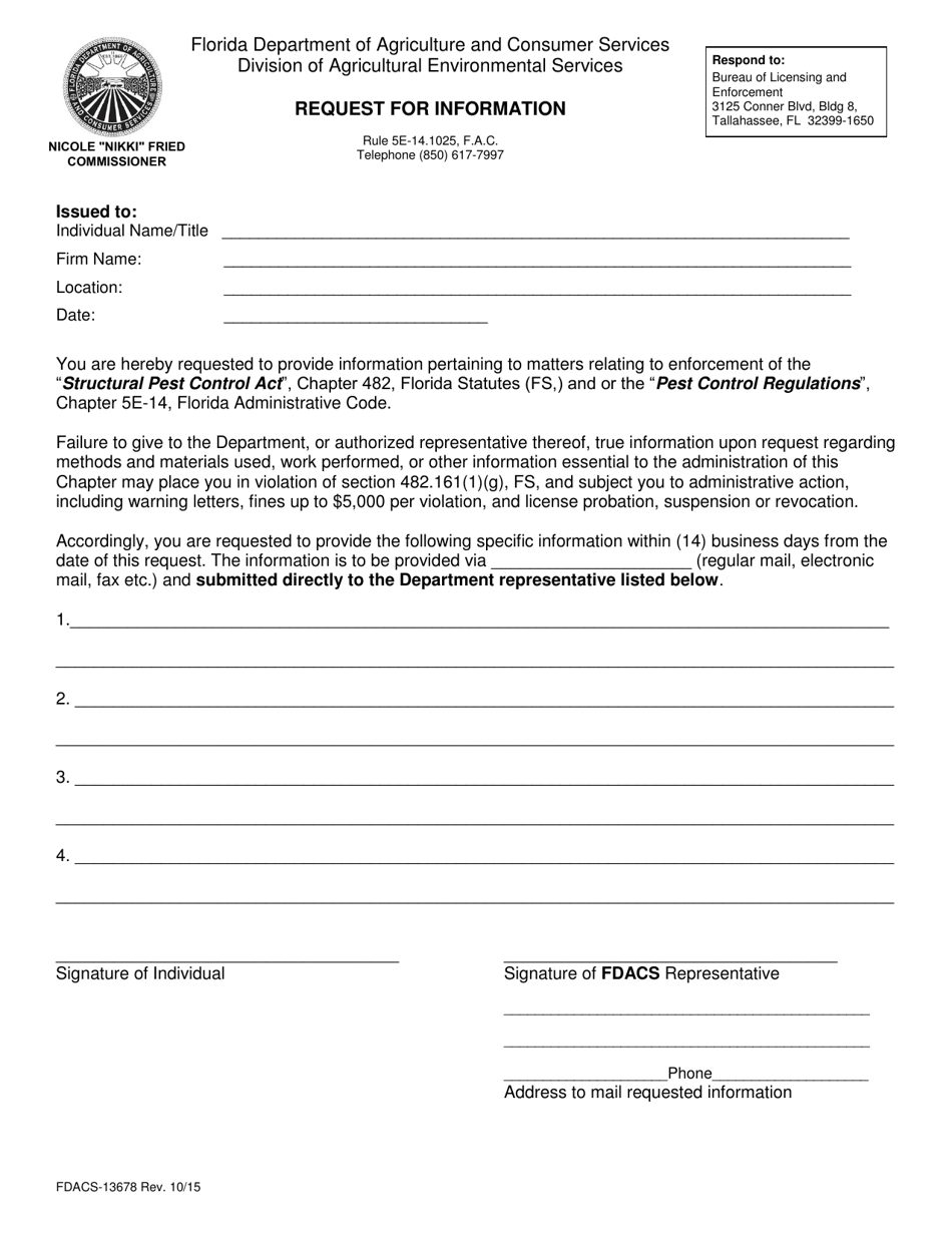 Form FDACS-13678 Request for Information - Florida, Page 1