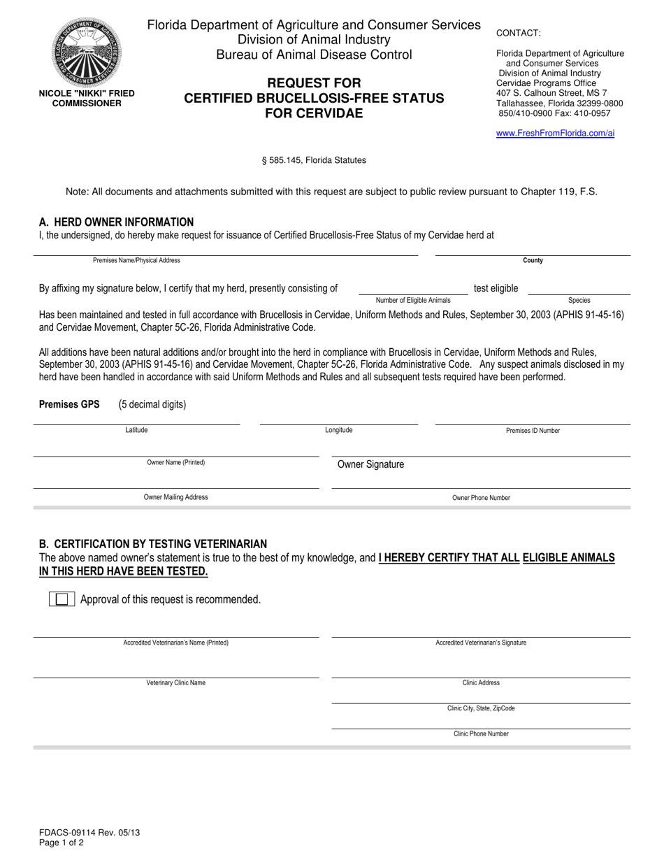 Form FDACS-09114 Request for Certified Brucellosis-Free Status for Cervidae - Florida, Page 1