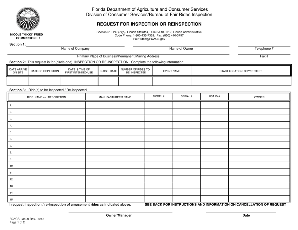 Form FDACS-03429 Request for Inspection or Reinspection - Florida, Page 1