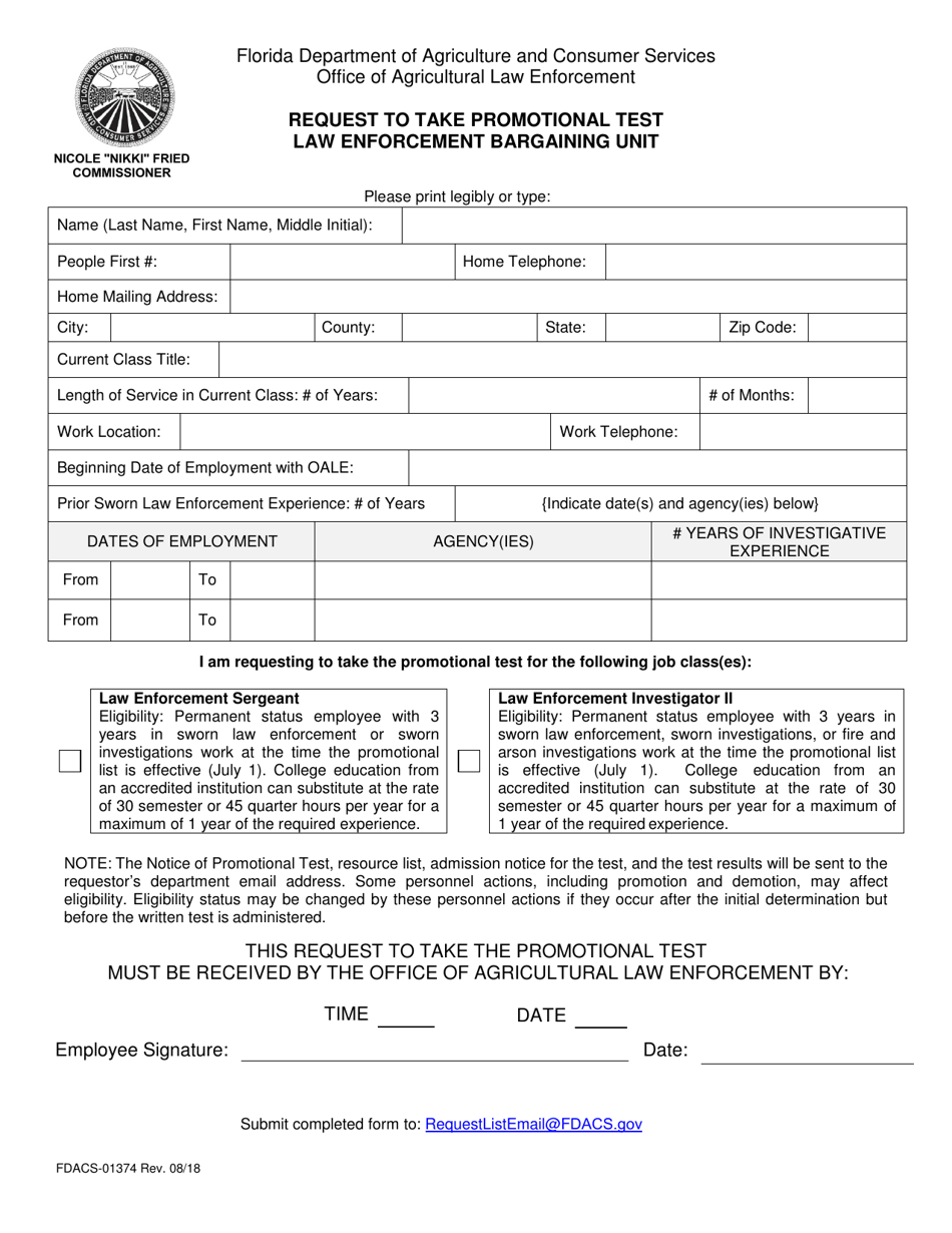 Form FDACS-01374 Request to Take Promotional Test, Law Enforcement Bargaining Unit - Florida, Page 1