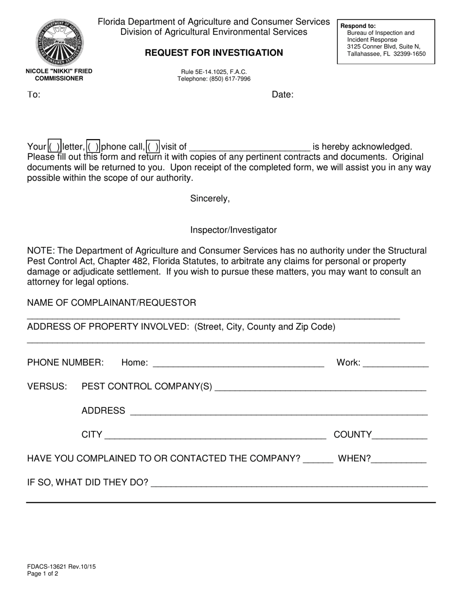 Form FDACS-13621 Request for Investigation - Florida, Page 1