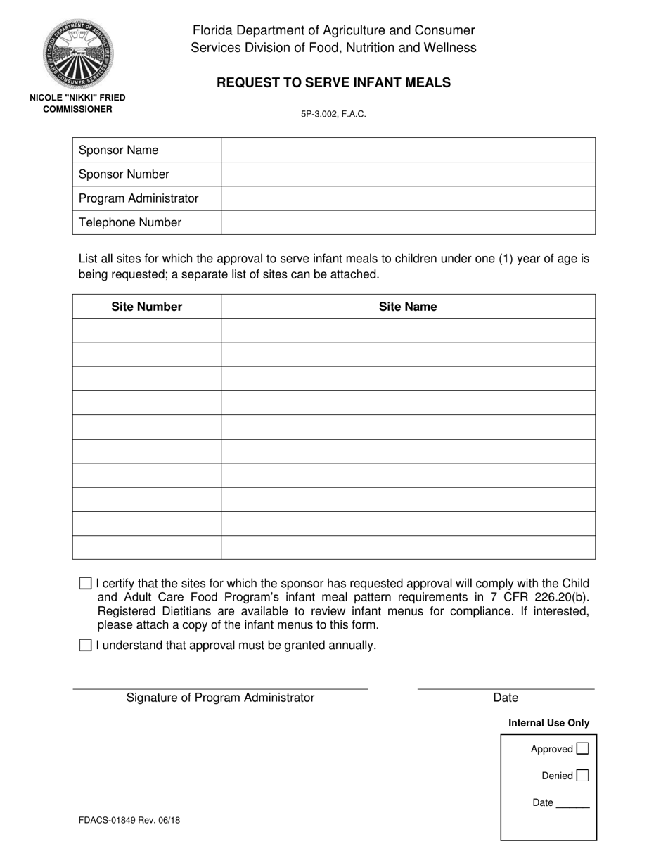 Form FDACS-01849 Request to Serve Infant Meals - Florida, Page 1