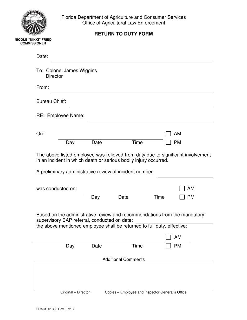 Form FDACS-01386 Return to Duty Form - Florida, Page 1