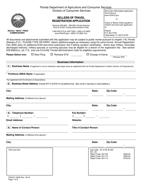 Form FDACS-10200 Sellers of Travel Registration Application - Florida