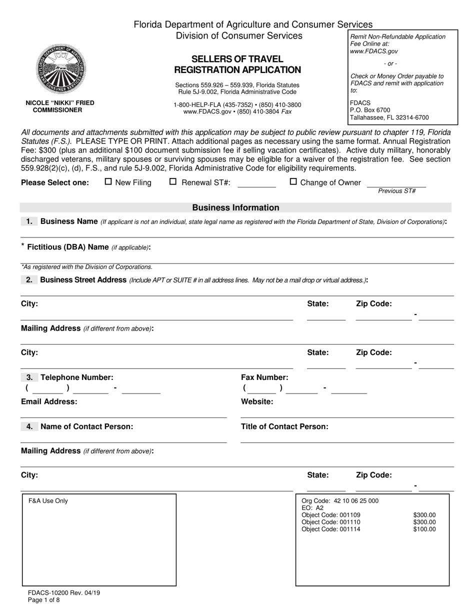 Form FDACS-10200 Sellers of Travel Registration Application - Florida, Page 1