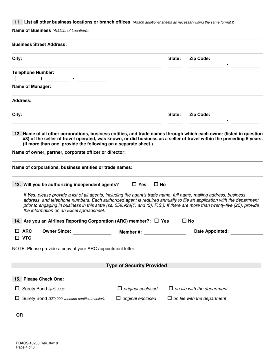 Form FDACS-10200 Sellers of Travel Registration Application - Florida, Page 4