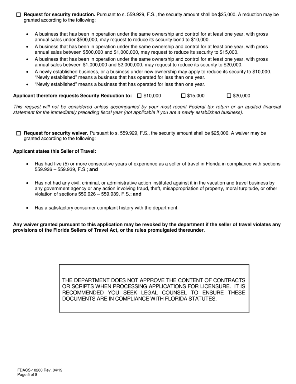 Form FDACS-10200 Sellers of Travel Registration Application - Florida, Page 5