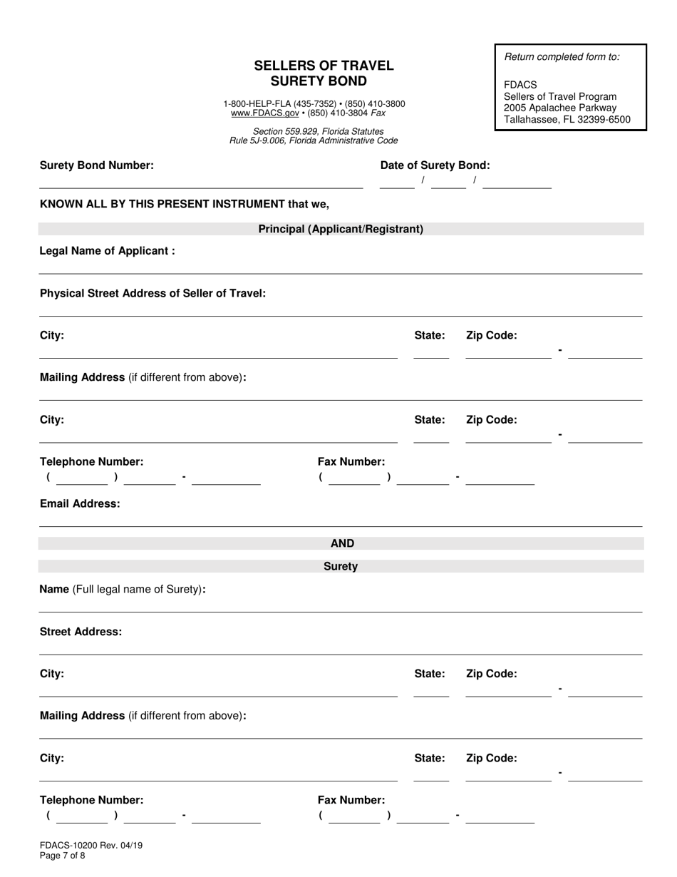 Form FDACS-10200 Download Fillable PDF or Fill Online Sellers of Travel ...