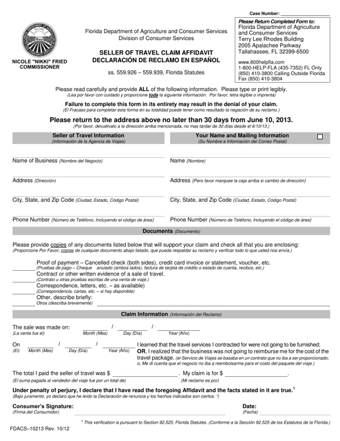 Form FDACS-10213 Seller of Travel Claim Affidavit - Florida (English/Spanish)