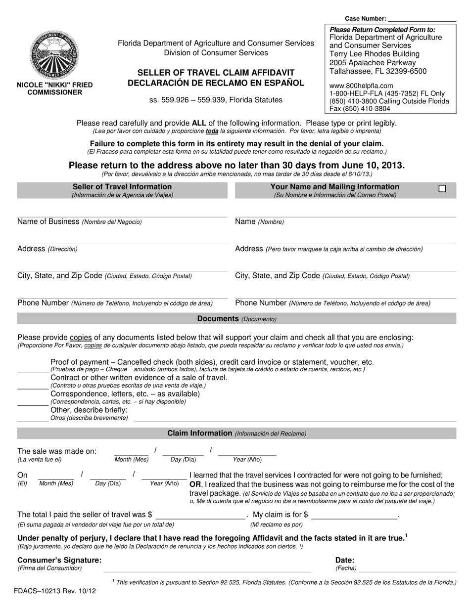 Form FDACS-10213 Seller of Travel Claim Affidavit - Florida (English / Spanish), Page 1