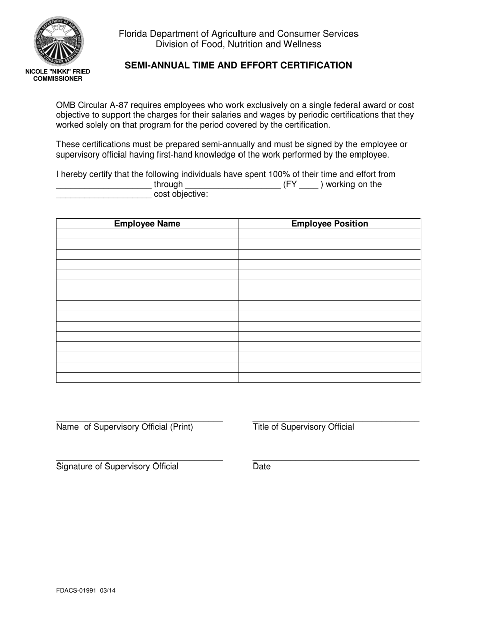 Form FDACS-01991 Semi-annual Time and Effort Certification - Florida, Page 1