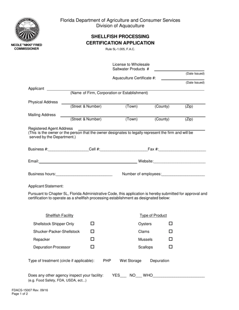 Form FDACS-15007  Printable Pdf