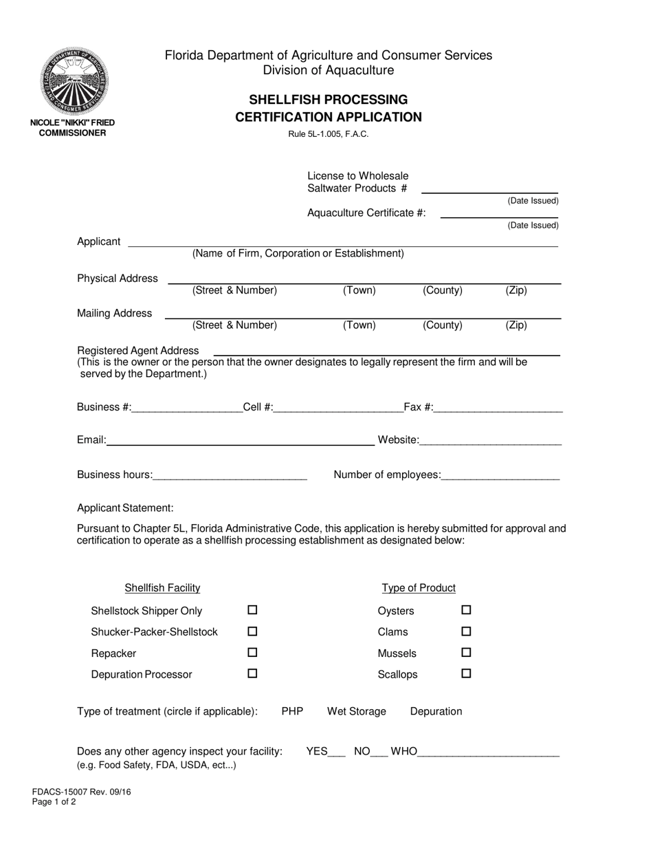 Form FDACS-15007 Shellfish Processing Certification Application - Florida, Page 1