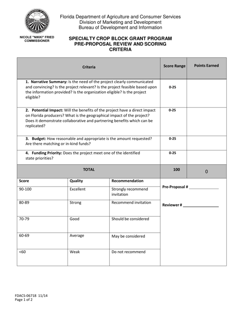 Form FDACS-06718 Specialty Crop Block Grant Program Pre-proposal Review and Scoring Criteria - Florida