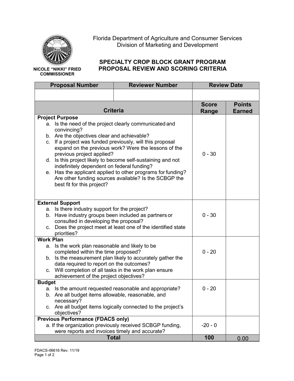 Form FDACS-06616 Specialty Crop Block Grant Program Review and Proposal Scoring Criteria - Florida, Page 1