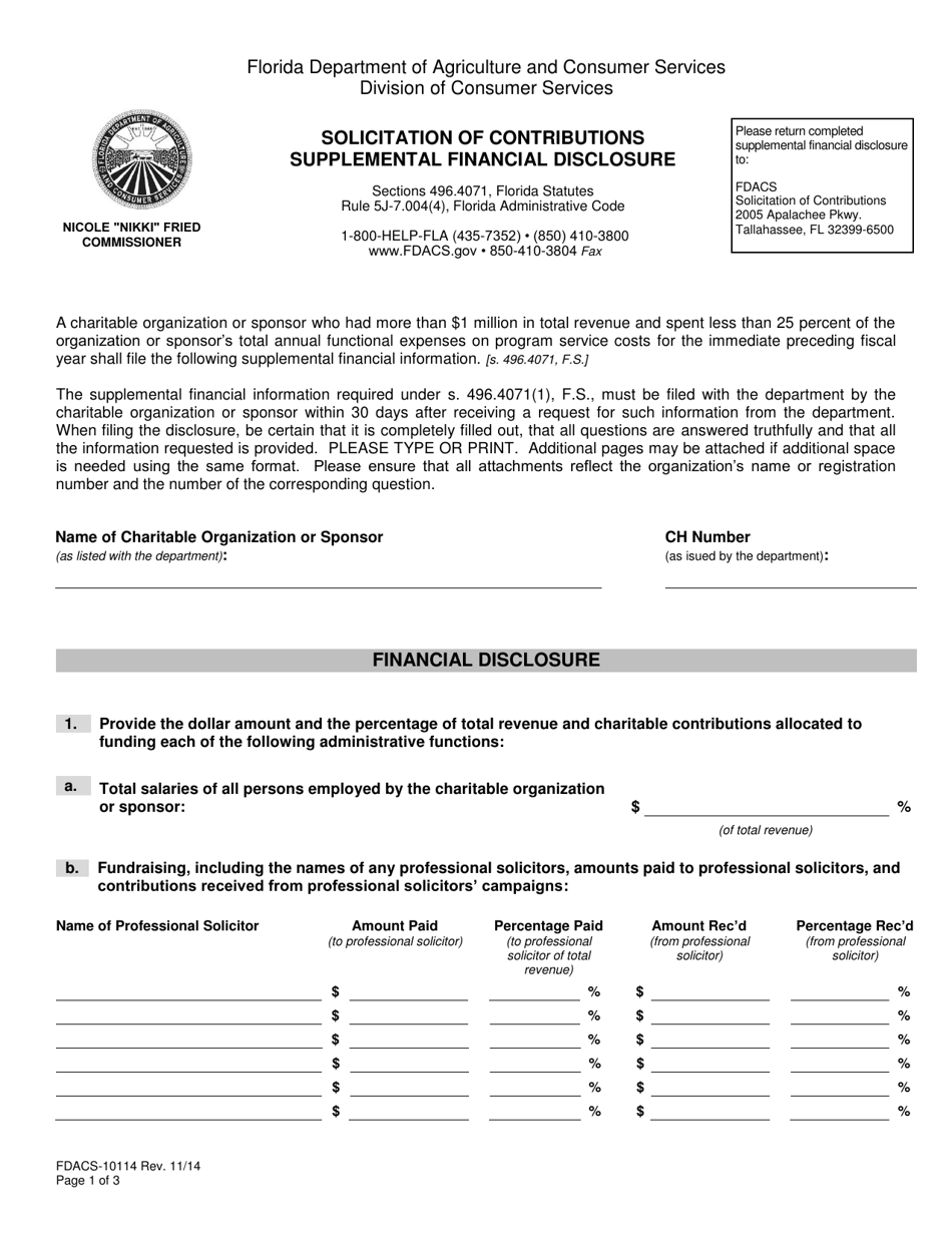 Form FDACS-10114 Solicitation of Contributions Supplemental Financial Disclosure - Florida, Page 1