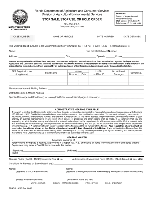 Form FDACS-13233  Printable Pdf