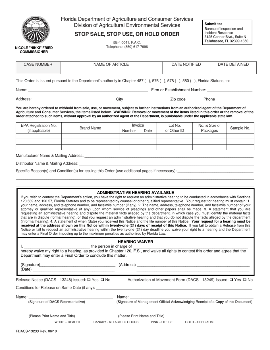 Form FDACS-13233 Stop Sale, Stop Use, or Hold Order - Florida, Page 1
