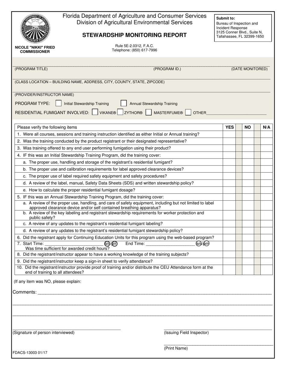 Form FDACS-13003 Stewardship Monitoring Report - Florida, Page 1