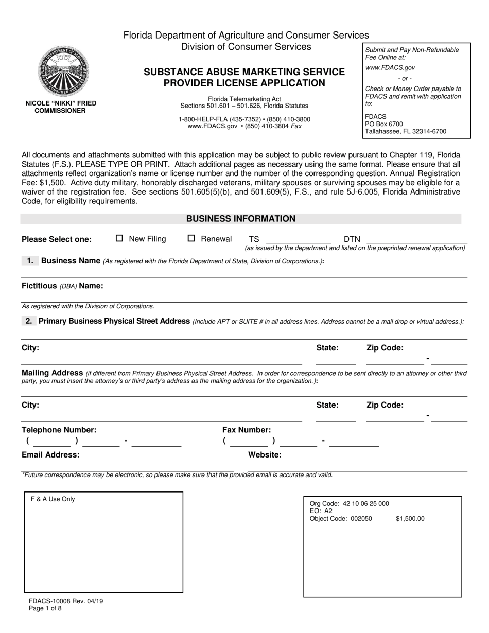 Form FDACS-10008 Substance Abuse Marketing Service Provider License Application - Florida, Page 1