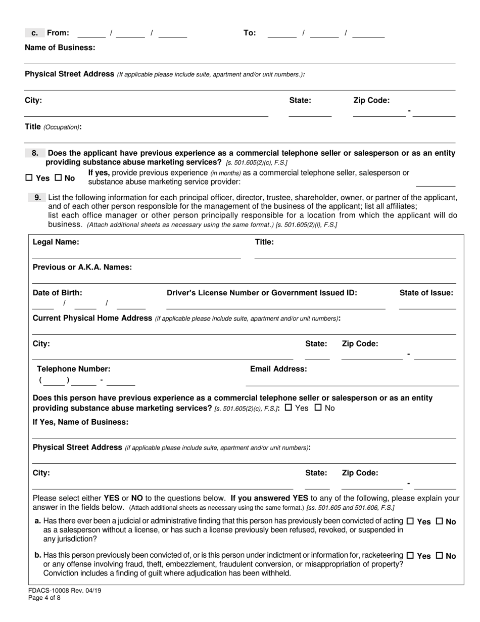 Form FDACS-10008 Substance Abuse Marketing Service Provider License Application - Florida, Page 4