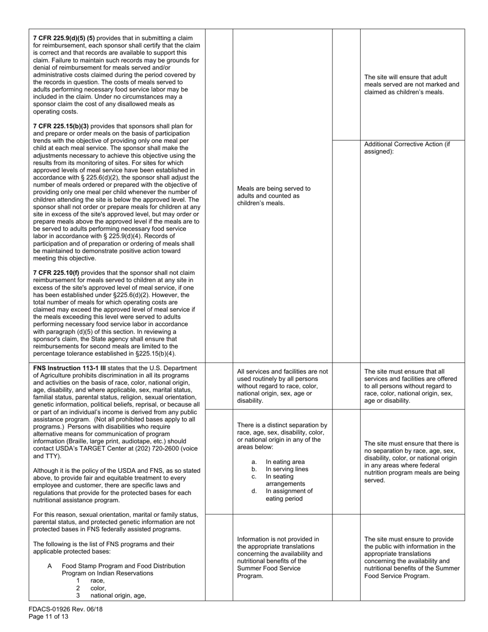 Form FDACS-01926 Summer Food Service Programs Sponsor Site Review - Florida, Page 11