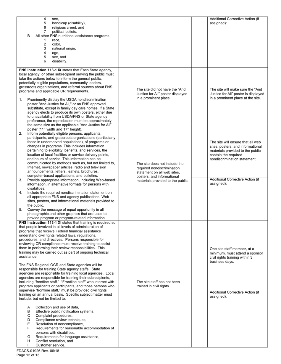 Form FDACS-01926 Summer Food Service Programs Sponsor Site Review - Florida, Page 12