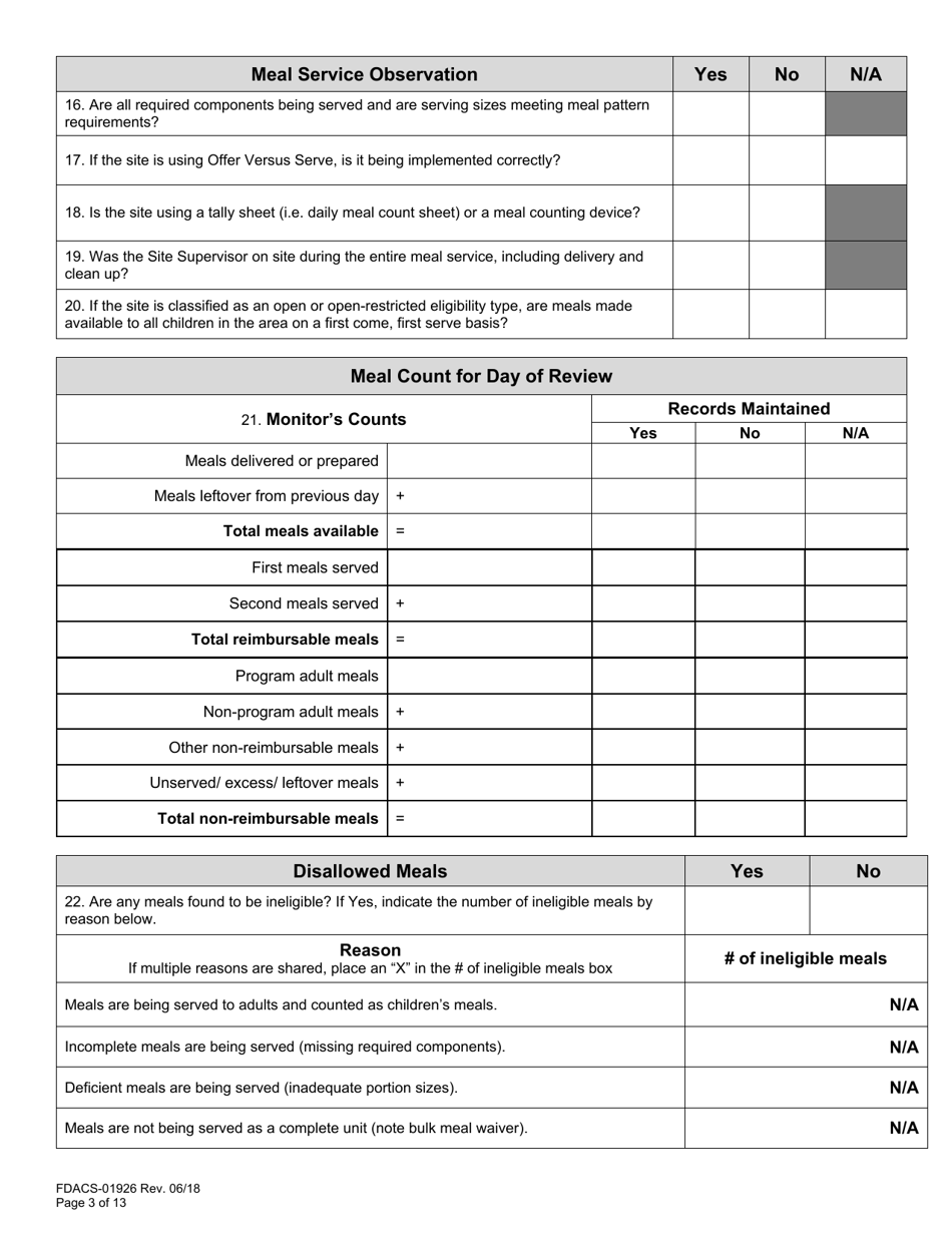 Form FDACS-01926 Download Printable PDF or Fill Online Summer Food ...