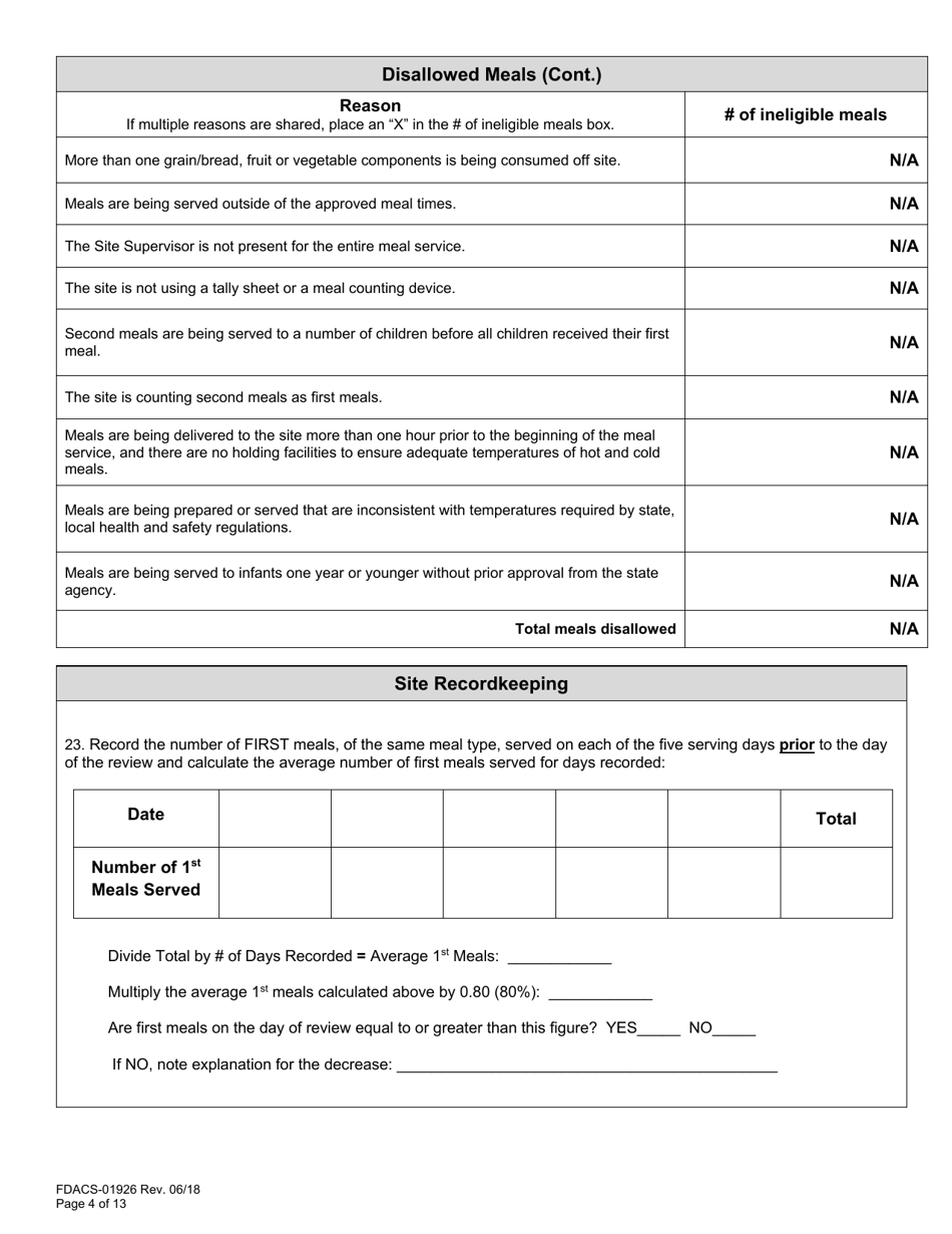 Form FDACS-01926 Summer Food Service Programs Sponsor Site Review - Florida, Page 4