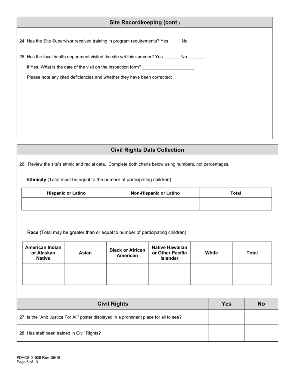 Form FDACS-01926 Summer Food Service Programs Sponsor Site Review - Florida, Page 5