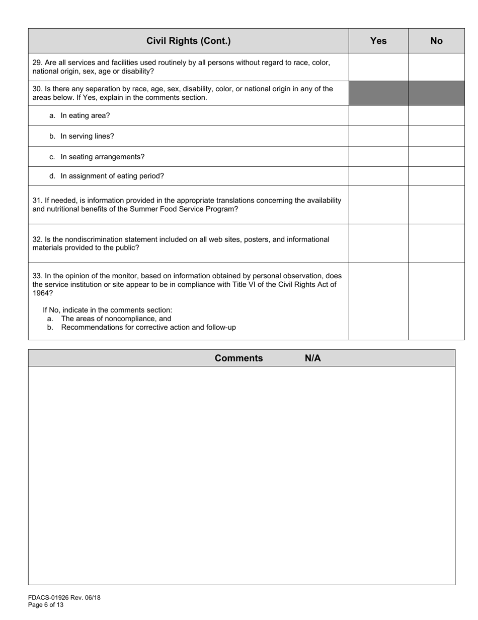Form FDACS-01926 Summer Food Service Programs Sponsor Site Review - Florida, Page 6