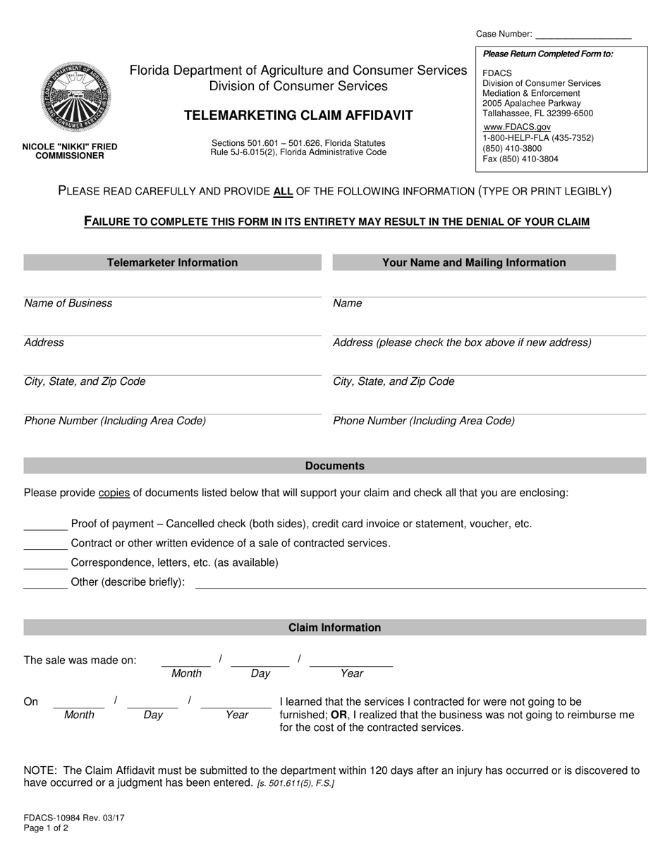 Form FDACS-10984 Telemarketing Claim Affidavit - Florida, Page 1