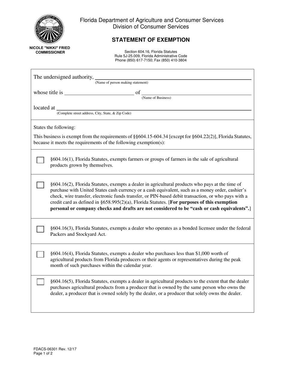 Form FDACS-06301 Statement of Exemption - Florida, Page 1