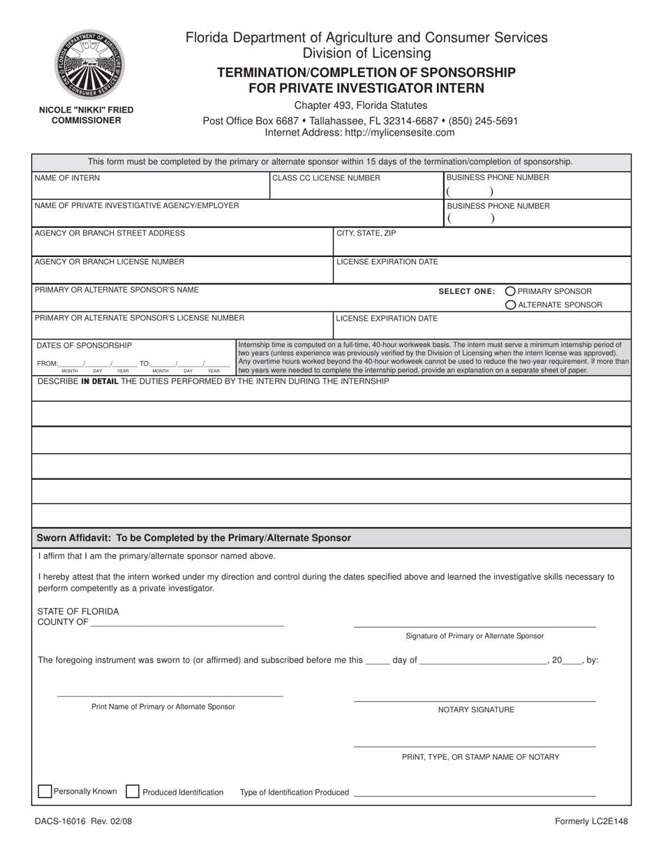 Form DACS-16016 Termination / Completion of Sponsorship for Private Investigator Intern - Florida, Page 1