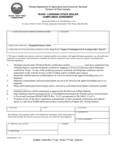 Form FDACS-08472 Texas/Louisiana Stock Dealer Compliance Agreement - Florida