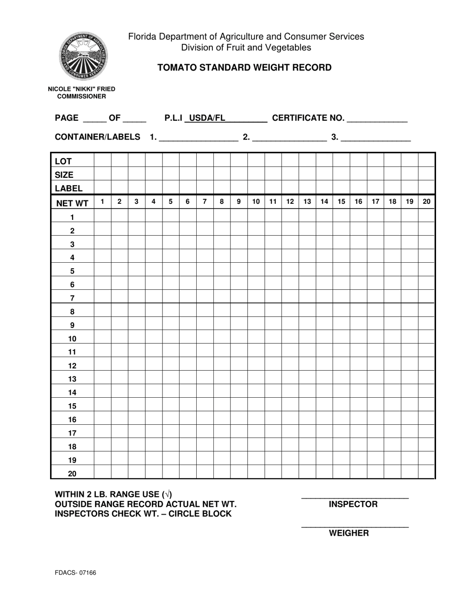 Form FDACS-07166 Tomato Standard Weight Record - Florida, Page 1
