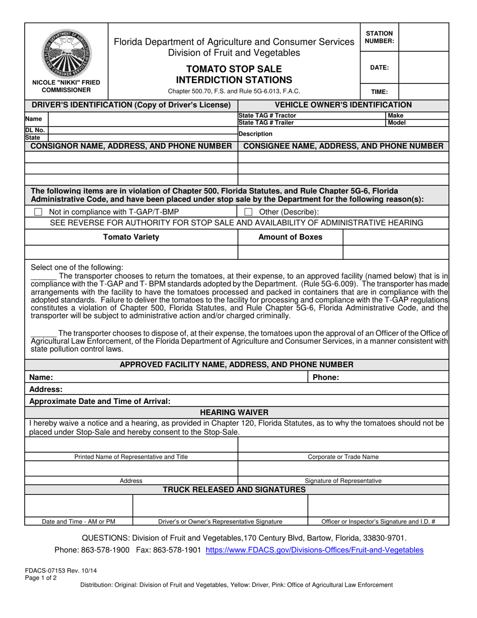 Form FDACS-07153 Tomato Stop Sale Interdiction Stations - Florida, Page 1