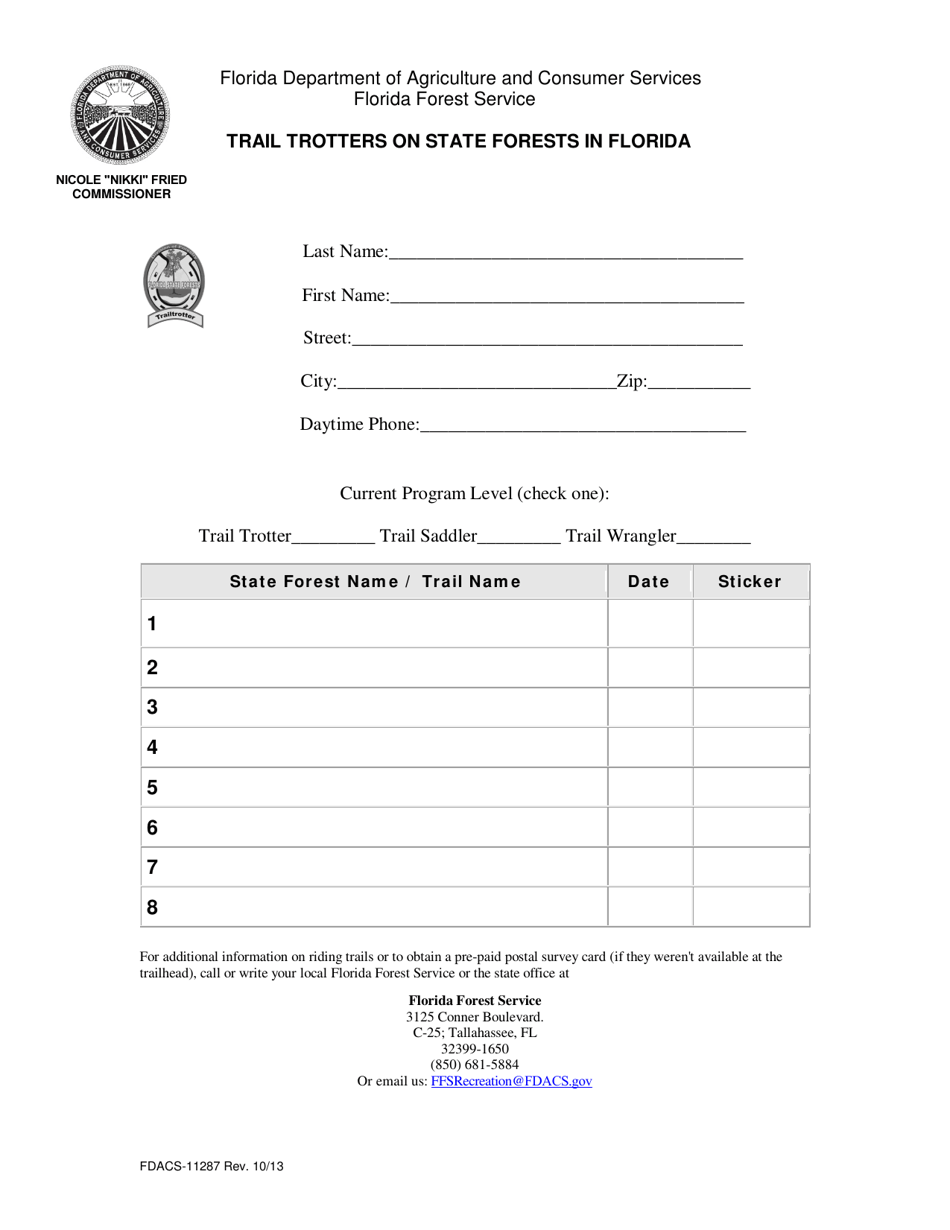 Form FDACS-11287 Trail Trotters on State Forests in Florida - Florida, Page 1
