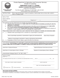 Document preview: Form DACS-16013 Temporary Class "g" License Agency Character Certification - Florida