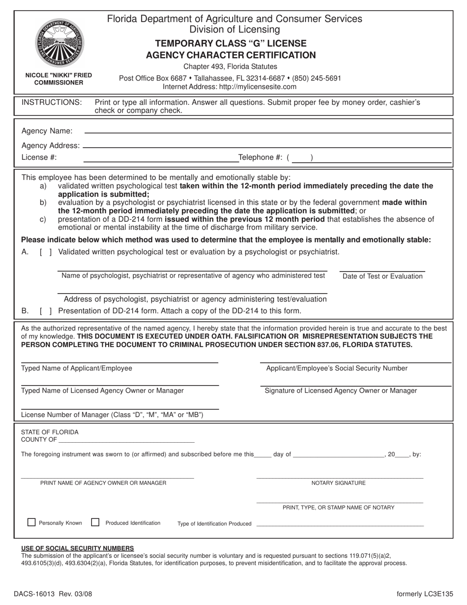 Form DACS-16013 Temporary Class g License Agency Character Certification - Florida, Page 1