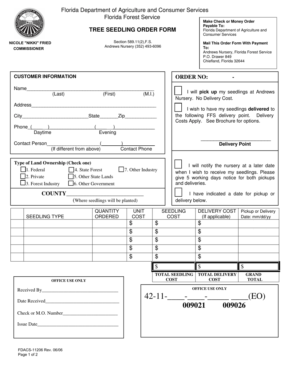 Form FDACS-11206 Tree Seedling Order Form - Florida, Page 1