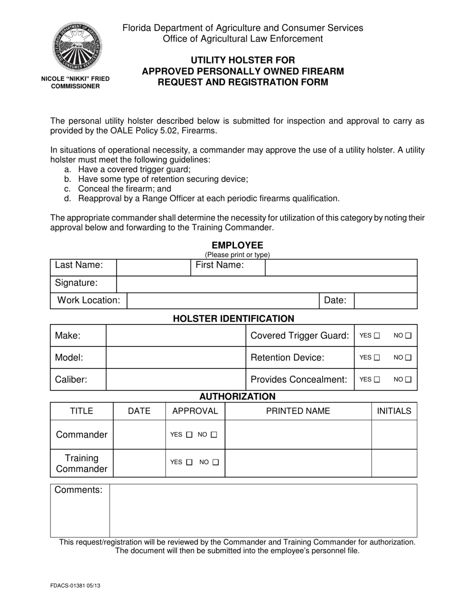 Form FDACS-01381 Utility Holster for Approved Personally Owned Firearm Request and Registration Form - Florida, Page 1