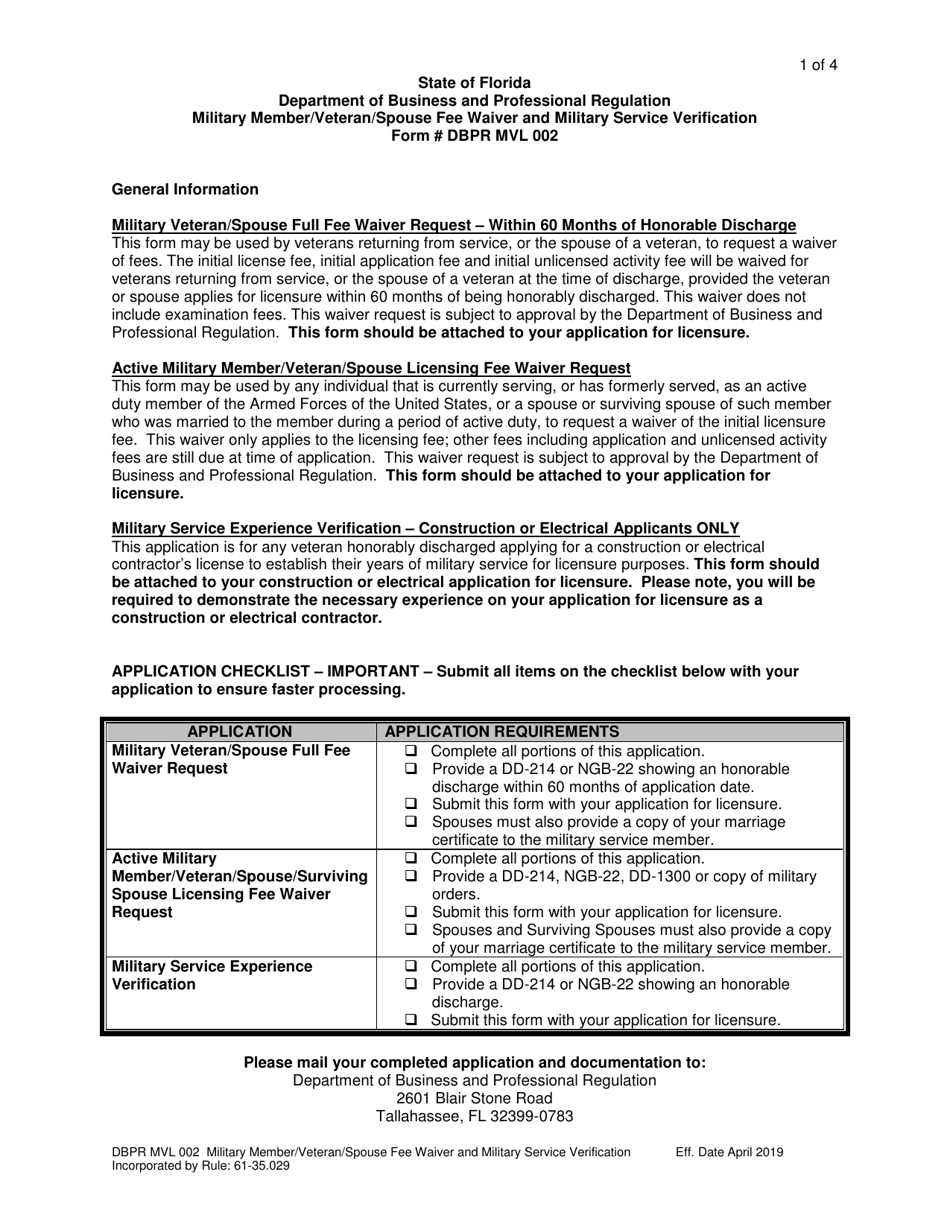 Form DBPR MVL002 Military Member / Veteran / Spouse Fee Waiver and Military Service Verification - Florida, Page 1
