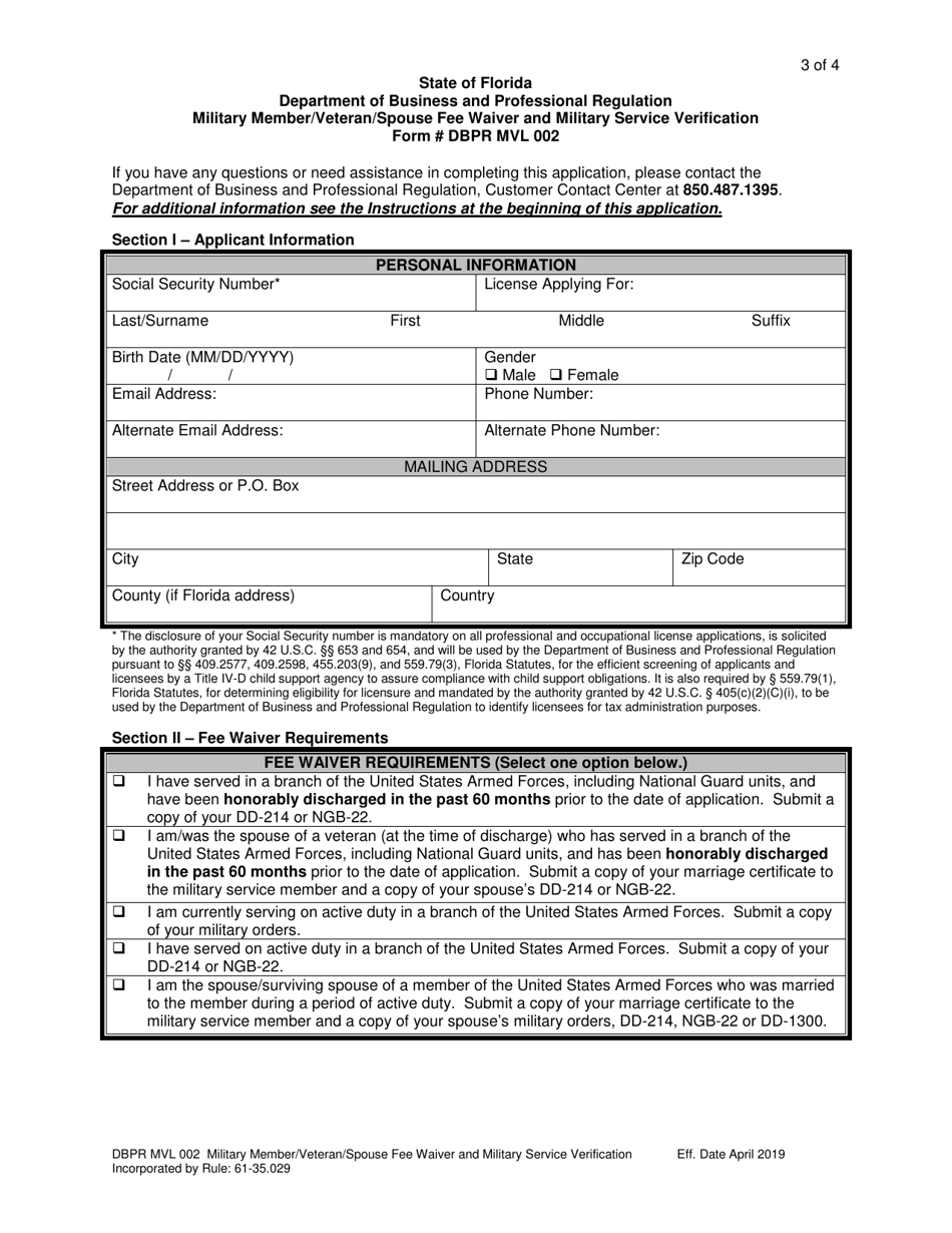 Form DBPR MVL002 Military Member / Veteran / Spouse Fee Waiver and Military Service Verification - Florida, Page 3