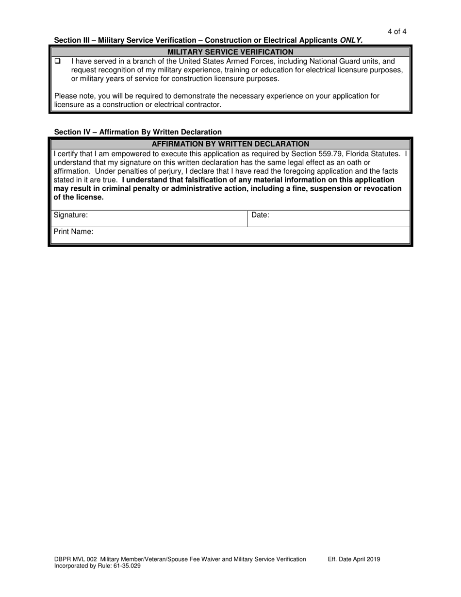 Form DBPR MVL002 Military Member / Veteran / Spouse Fee Waiver and Military Service Verification - Florida, Page 4
