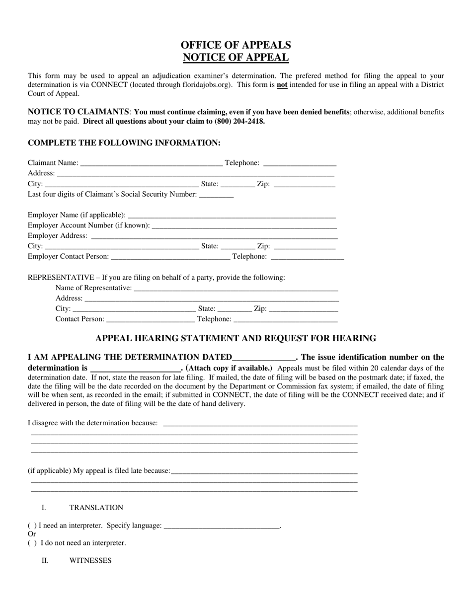 Form DEO-A100(E) Notice of Appeal - Florida, Page 1